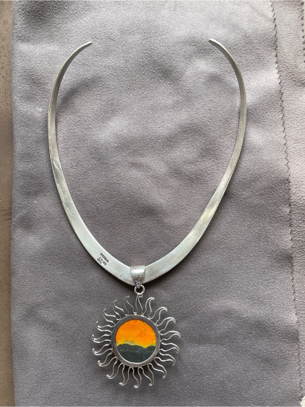 Vintage Taxco 925 Silver Collar Necklace Choker Torc Bumblebee Jasper Sunburst - Picture 6 of 8